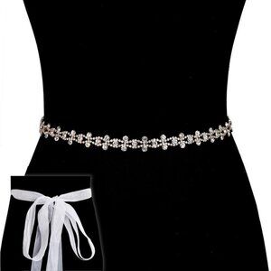 Silver & Blush Wedding Rhinestone Tie Sash Belt